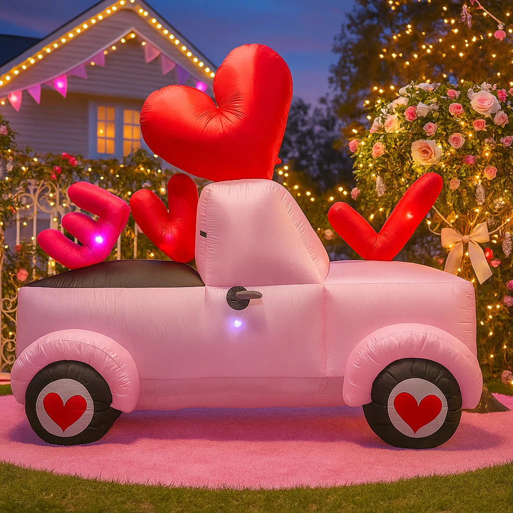 6FT Valentines Day Inflatable Pink Car Decoration Heart Pattern Kiss Me Balloon Romantic Love Themed Yard Garden Party Decor
