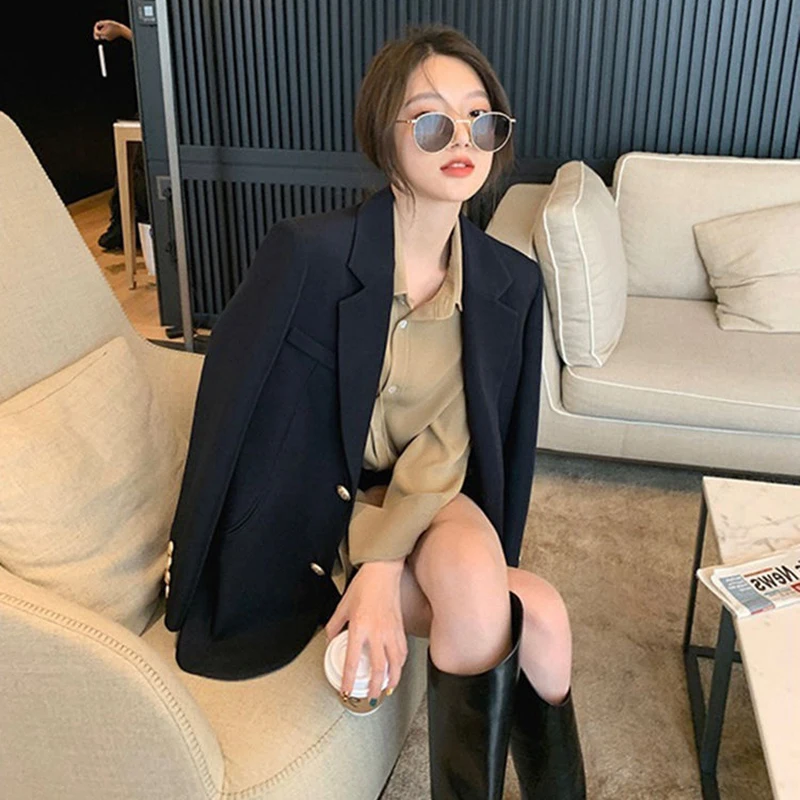 Women Autumn Turndown Collar Suit Jacket Korean Single Breasted Office Ladies Casual Long Sleeve Tops Fashion Pockets Outerwear