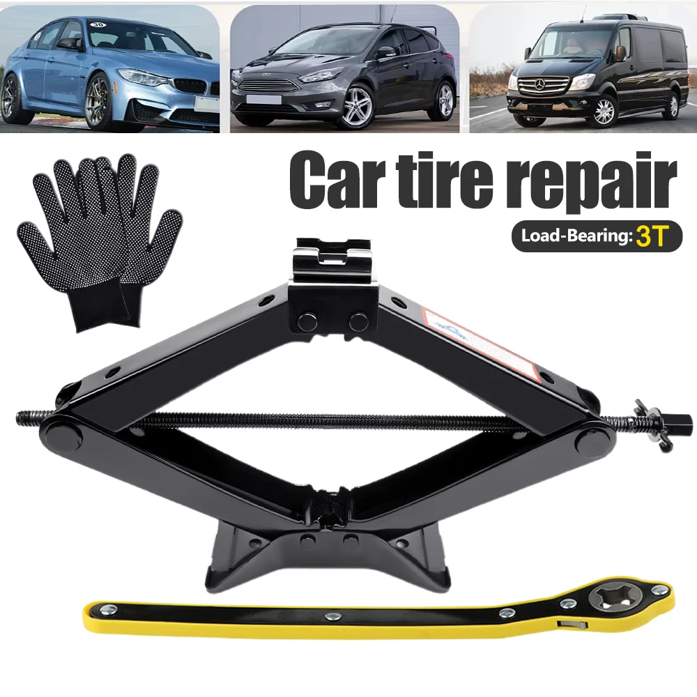 Martinetto a forbice 3T con guanti e chiave a cricchetto, sollevatore per auto in acciaio resistente per SUV, MPV e berline, strumento portatile per la riparazione degli pneumatici, testa girevole a