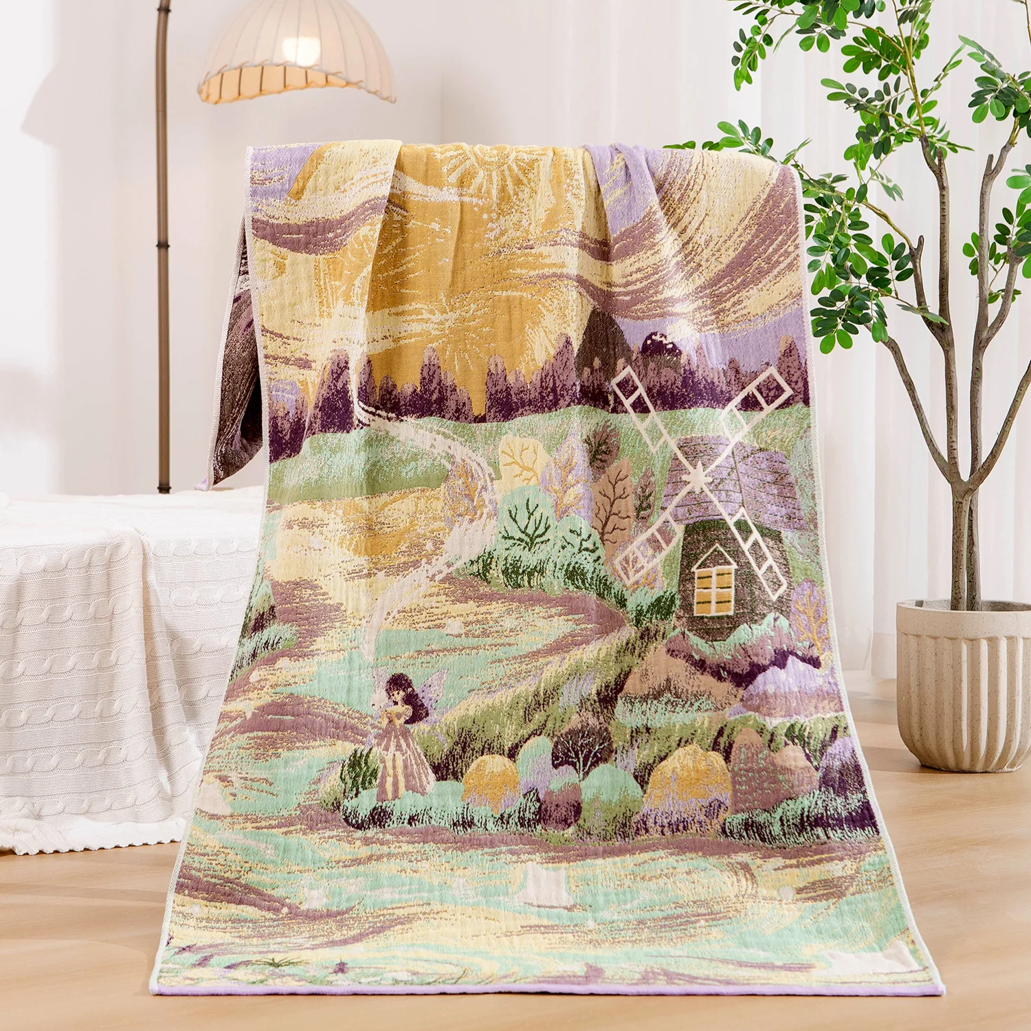 

Gauze Bath Towel, Oil Painting Print, 80*160 cm, Floral, for Kids, Adults, Bathroom, Large, Four-layer Gauze Cotton, Delicate