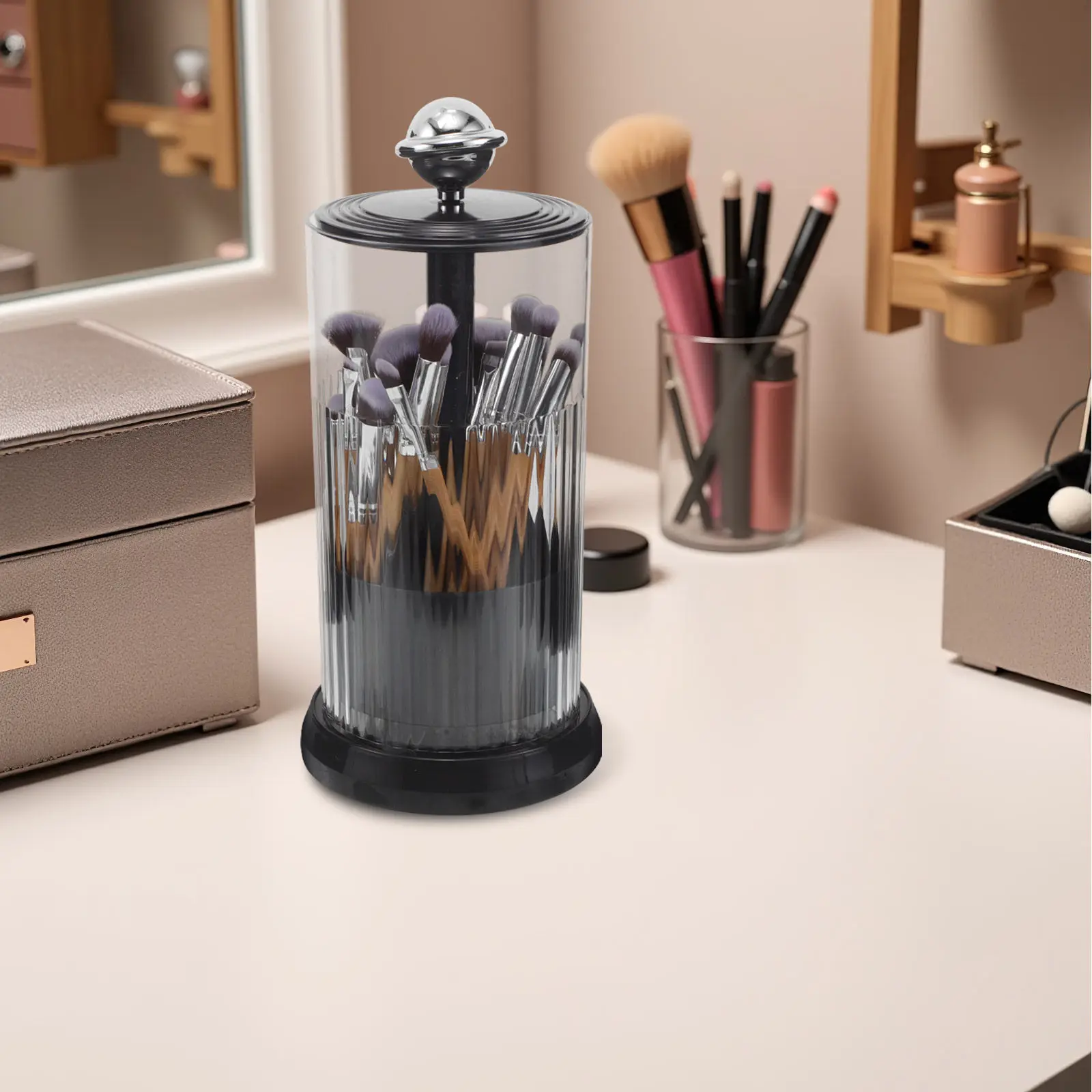 Rotating Makeup Brush Holder with Lid Large Capacity Swivel Base - Multifunctional Tool Organizer for Easy Access and