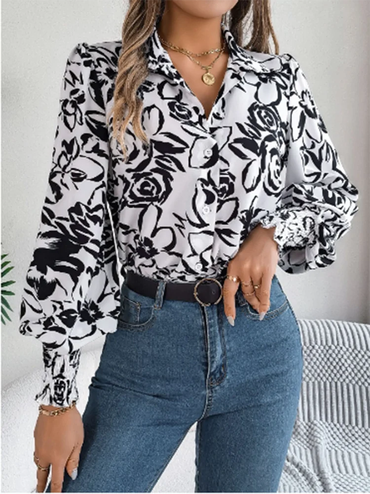 

GELITAYIN Elegant Floral Printed Button Lapel Long Sleeve Fashion Women's Casual Street Stylish Autumn Spring Top
