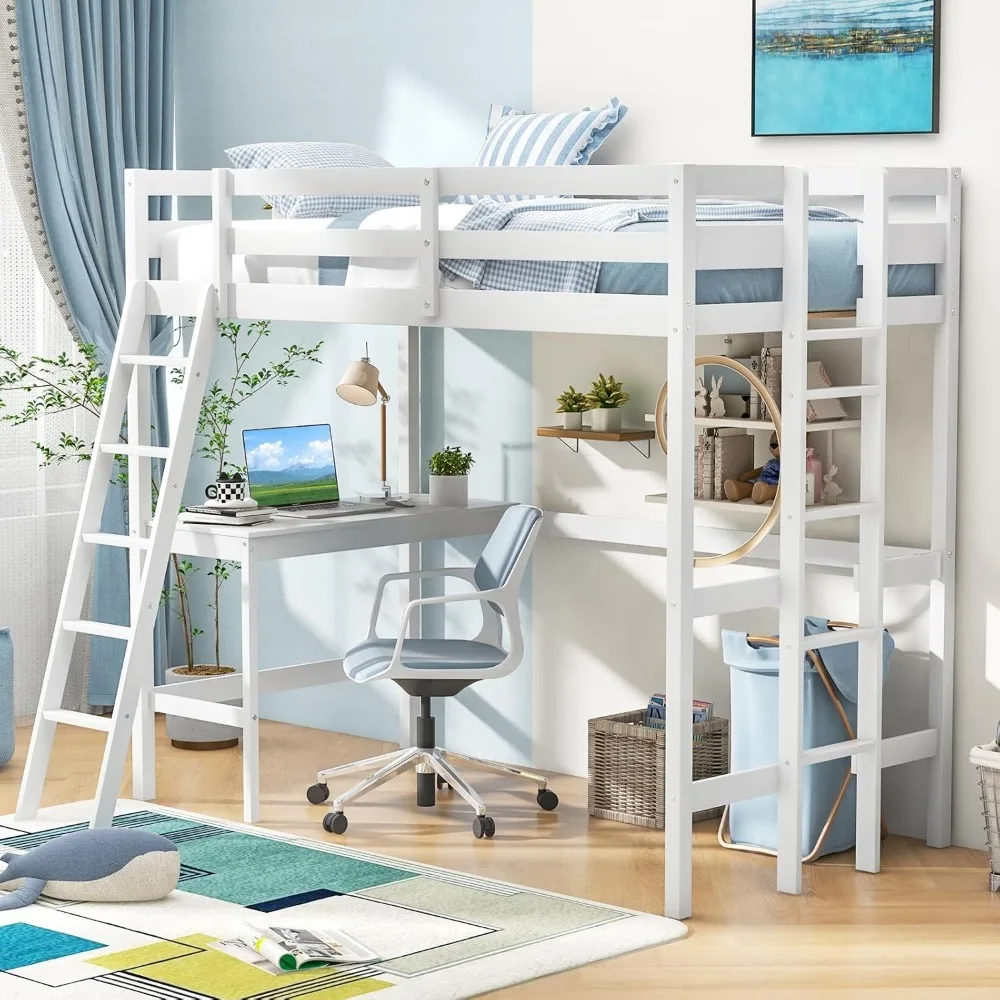 

Twin Loft Bed with Desk, Solid Wood Loft Bed Frame with 2 Ladders, Safety Guardrail Loft Bed with Wooden Slats Support