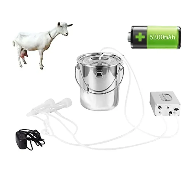 7L Goat Milking Machine Rechargeable Battery Milker Powered Pulsation Vacuum Pump with 2 Teat Cups Stainless Steel Buckets