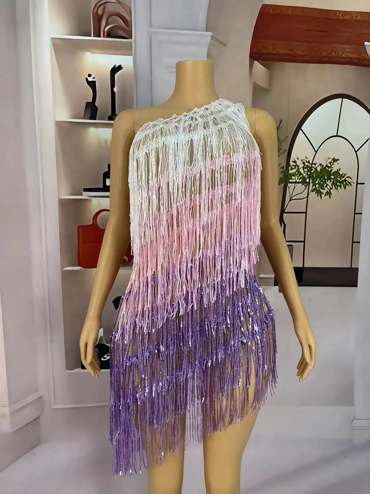 Festival Fashion 3 Colors Bling Fringes Sleeveless Dress Sexy Tassels Outfit Dance Stage Bling Handmade Dance Costume liusu