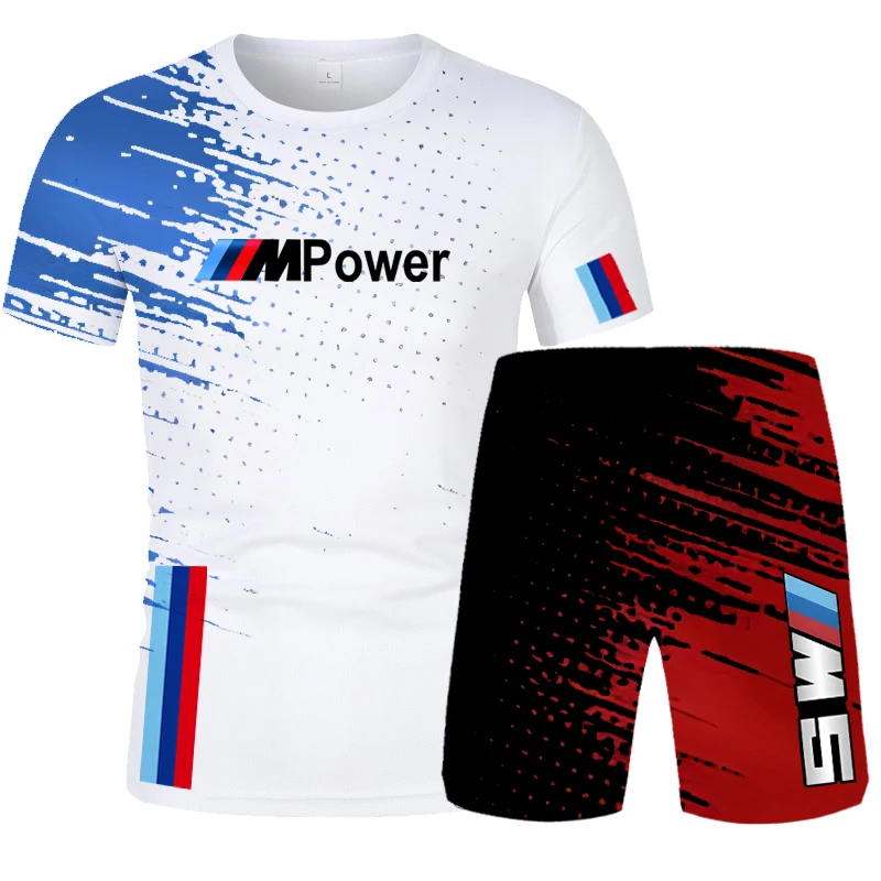 2025 BMW Men's T-Shirt Set Color Printed Monogrammed Shorts Sports Set 2 Piece Summer BMW Men's Clothing Fashion Streetwear