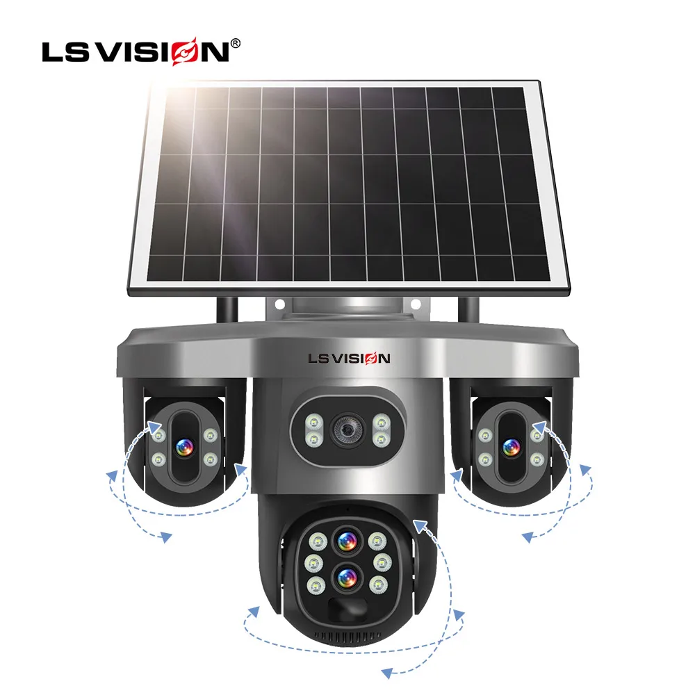 Caméra de surveillance solaire 4G extérieure LS VISION avec zoom optique 10X, trois objectifs PTZ, 20MP, quatre objectifs, trois écrans, WiFi, détection humaine IA, suivi automatique, étanche IP66, application V380 Pro