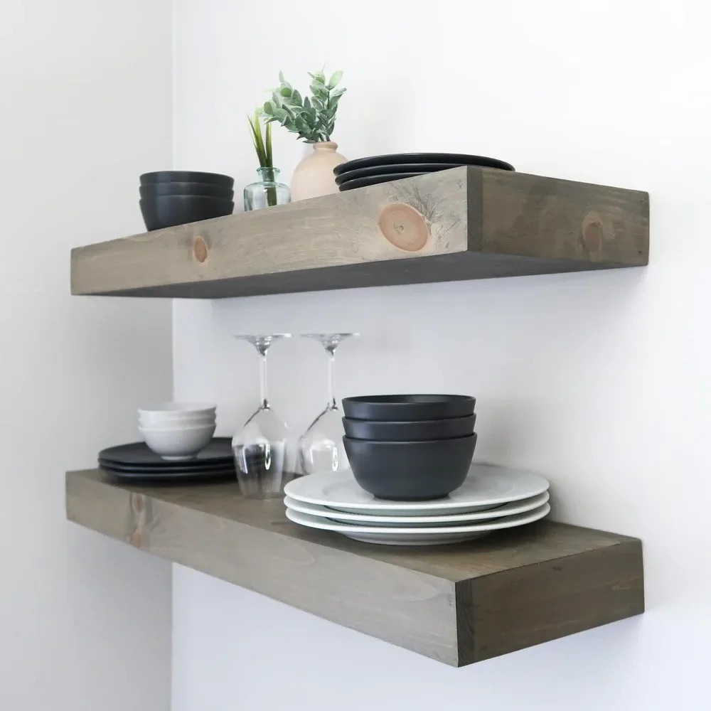 Modern Floating Shelves 3 Inches Thick for Wall, Wide Shelves for Kitchen, Living Room, Bedroom(Set of2)(Aged Barrel, 60Lx3Hx6D)