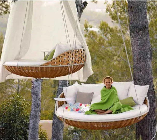 on sale popular Fashion design hanging  patio porch garden PE rattan sunbed chaise outdoor wicker egg chair  swings