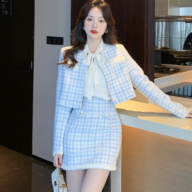 Autumn Fashion Small Fragrant Elegant Blue Plaid Tweed Outfits Women Long Sleeve Short Jacket + Bodycon Mini Skirt 2 Pieces Set