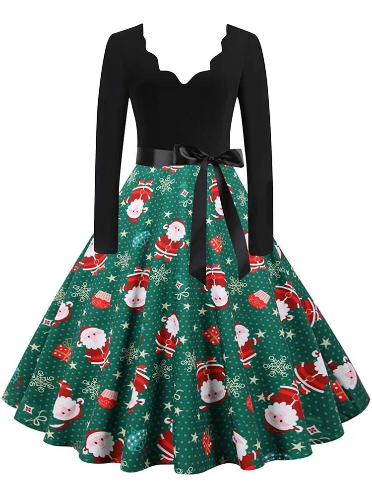 Vintage Kerst Swing Print Jurk voor Vrouwen Lange Mouw V-hals Casual Herfst Winter Sexy Nieuwjaar Feestkleding S ~ 3XL