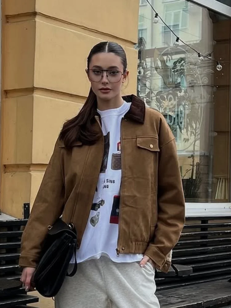 

Contrast Color Lapel Zipper Suede Jackets Women Casual Khaki Full Sleeve Pocket Coat Lady Autumn Daily Commute Highstreet Wear