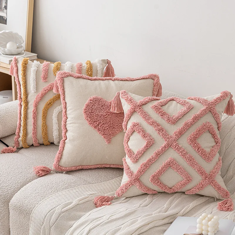 Nordic Style Pink Square Tassel Pillow Case Tufted Pillowcase Homestay Sofa Bedroom Bedside Decor Embroidered Cushion Cover