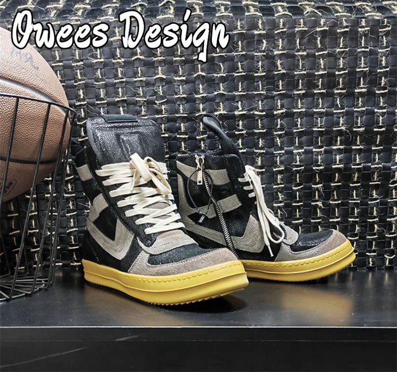 Owees Design Genuine Leather Hip Hop Sneakers Men Lace Up Sneakers Top Quality Brand Designer Rock Street Shoes Male Trainer