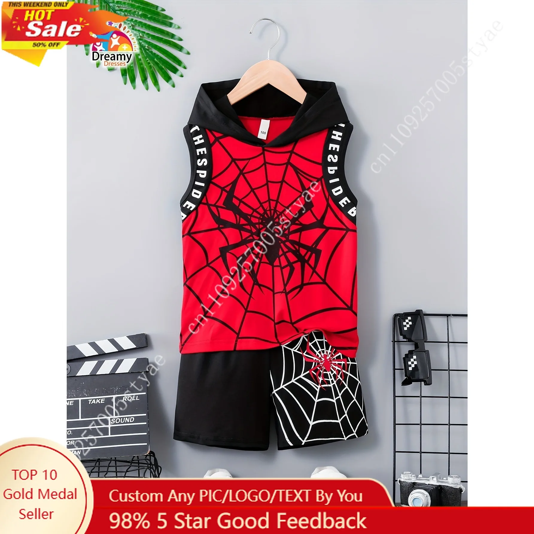 

Spider Boys' Inspired Summer Outfit Red and Black Hooded Tank Top and Shorts Set 100% Polyester Casual Style