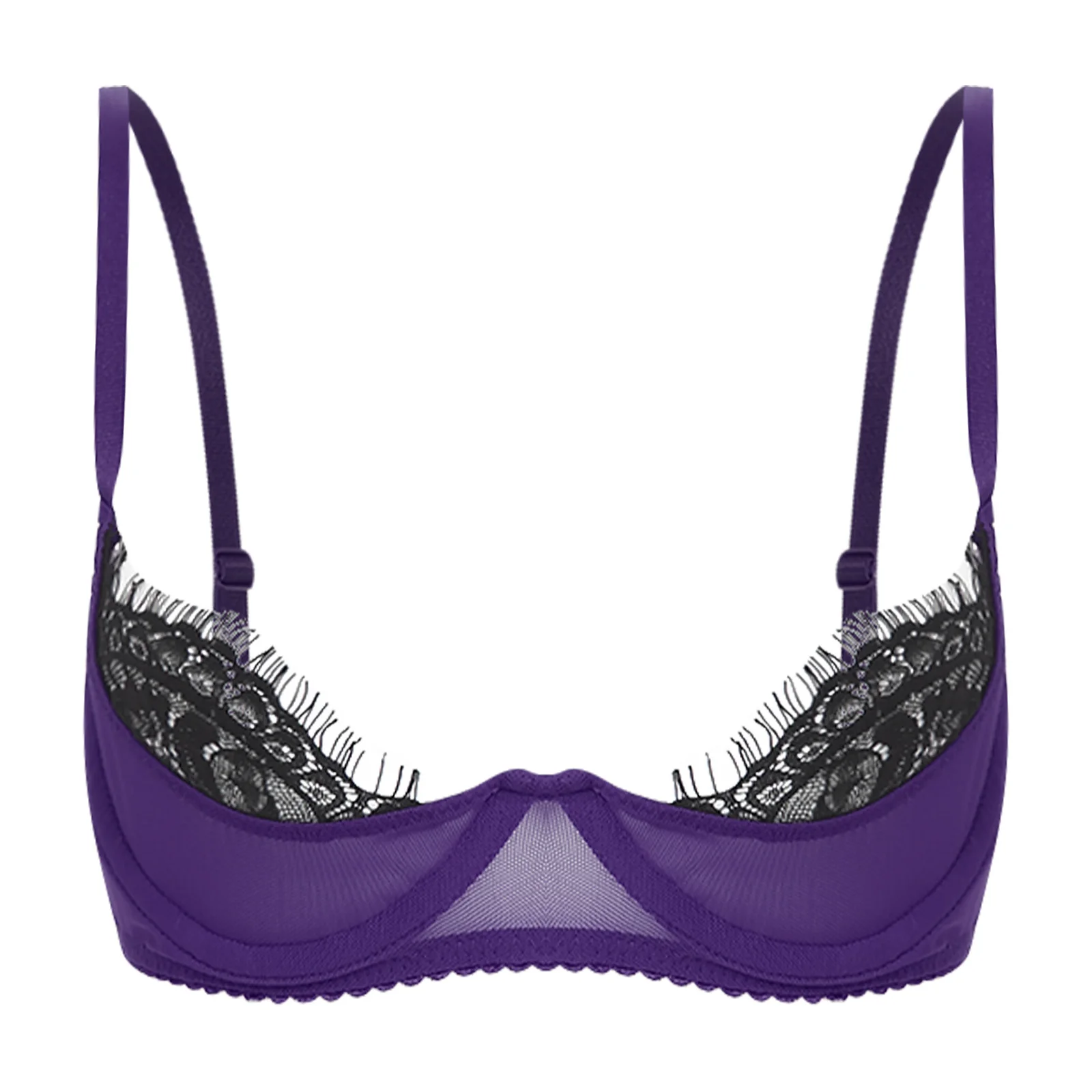 

Women See Through Lace Bra Lingerie Eyelash Lace Trim 1/4 Cup Push-up Underwire Bra Tops Adjustable Shoulder Straps Bralette
