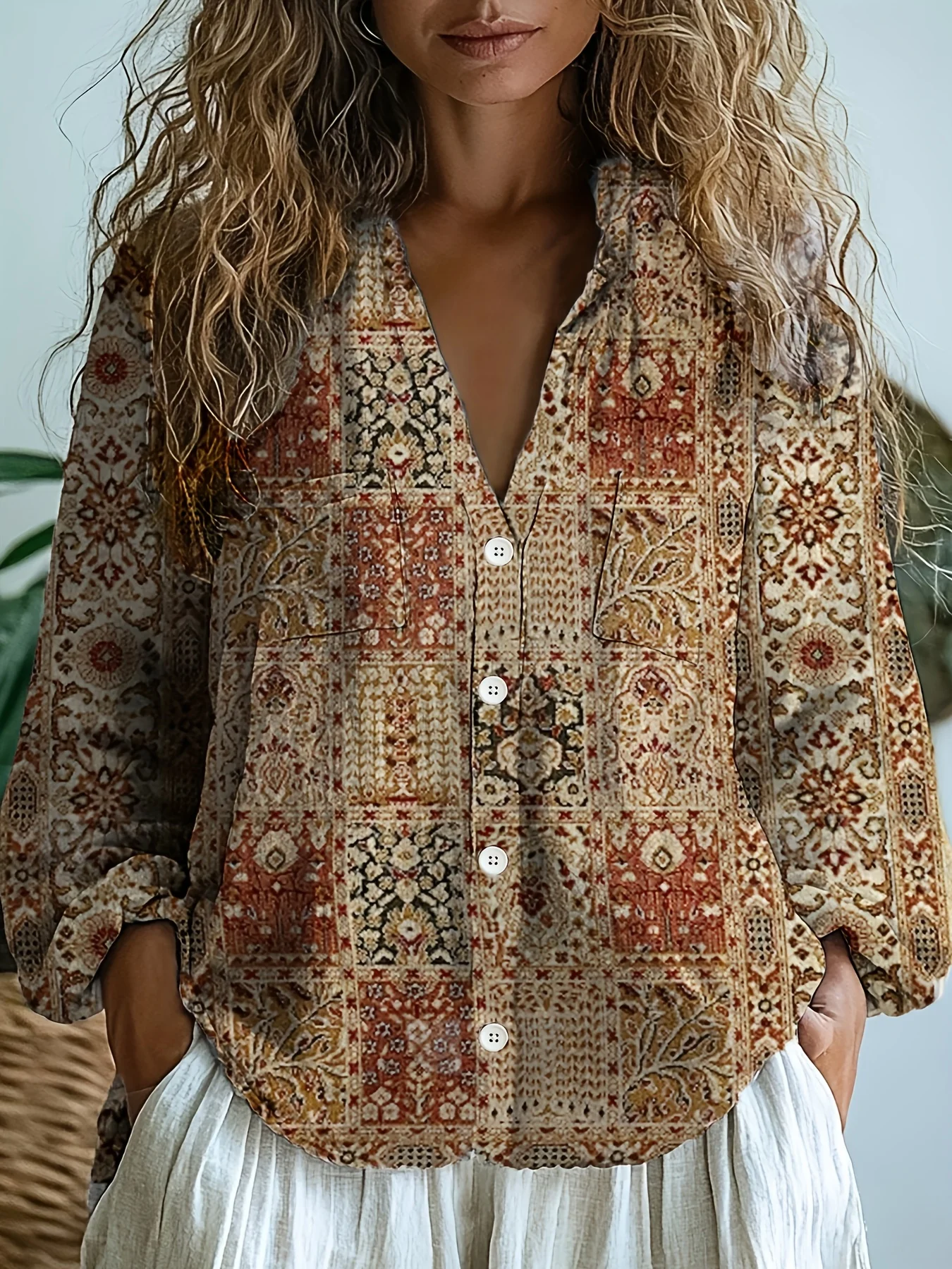 

Женская повседневная рубашка в богемном стиле с геометрическим принтом и длинными рукавами