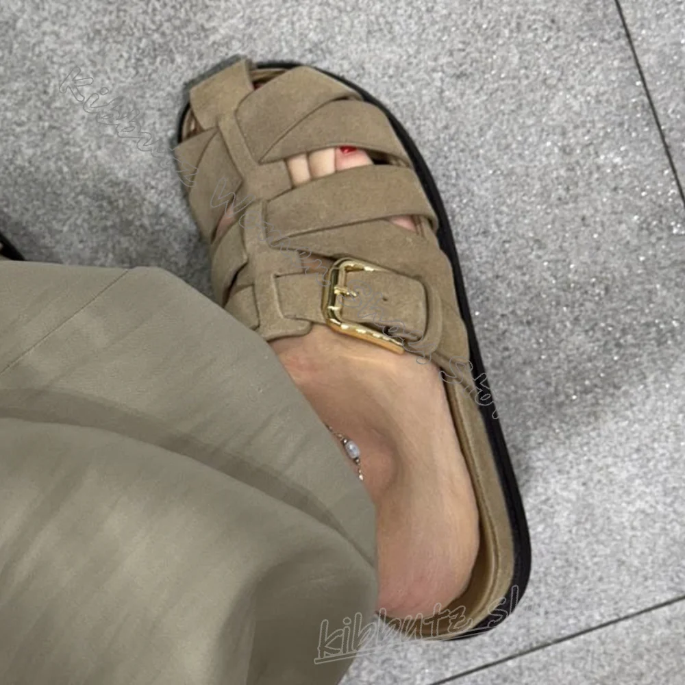 

Suede Cross Strap Slipper Sandals Round Toe Flat with Slip-On Belt Buckle Fashion Luxury Elegant Concise Sexy Summer Shoes New