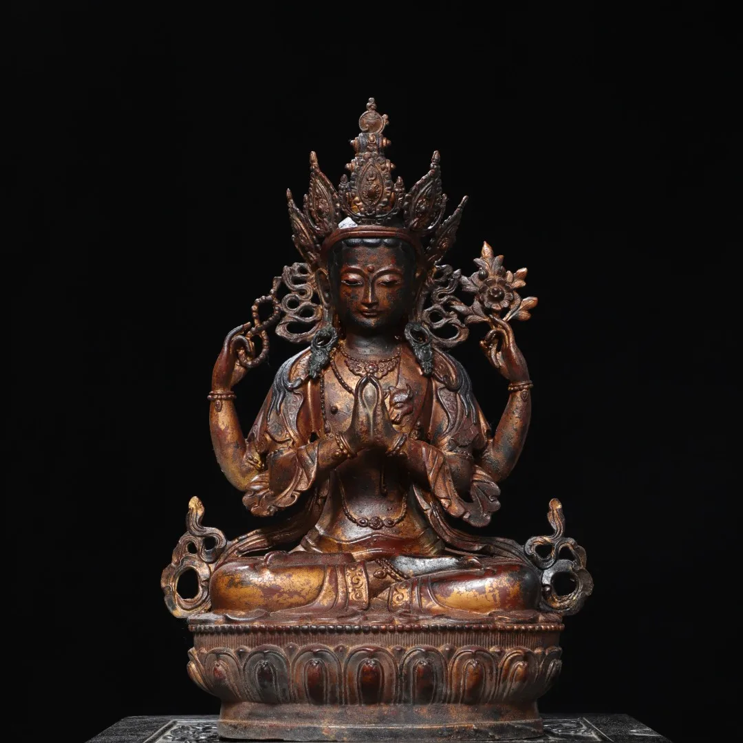 

19-дюймовые шаблоны, старая бронза, позолоченная, с высоким рельефом, киноварь, четырехуровневый Авалокитешвара Bidhisattva Будда Амитабха, зал поклонения, городской дом