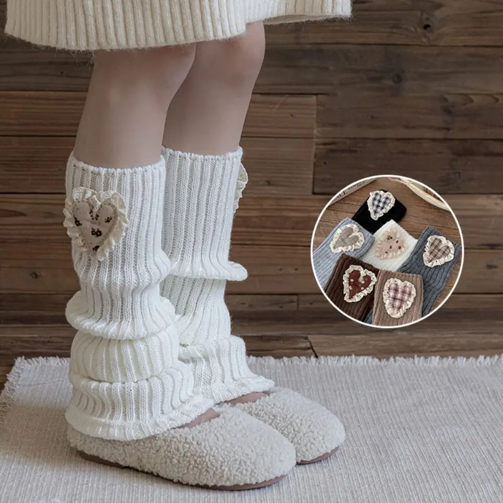 Retro Love Heart Kids Leg Warmers Solid Color Knitted Lolita Long Socks Thickened Keep Warm Mid-Calf Sock Winter