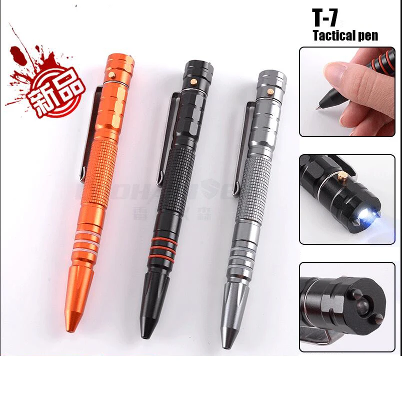 T-7 Double Tungsten Steel Head Tactical Defense Pen Glass Breaker EDC Tactical Survival Pens Multifunction LED Lighting Pen