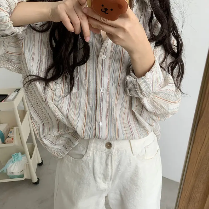

Korean Style Retro Temper Striped Shirts Women Autumn Loose Lazy Sun-proof Breathable Comfort Harajuku Fashion Streetwear Unisex