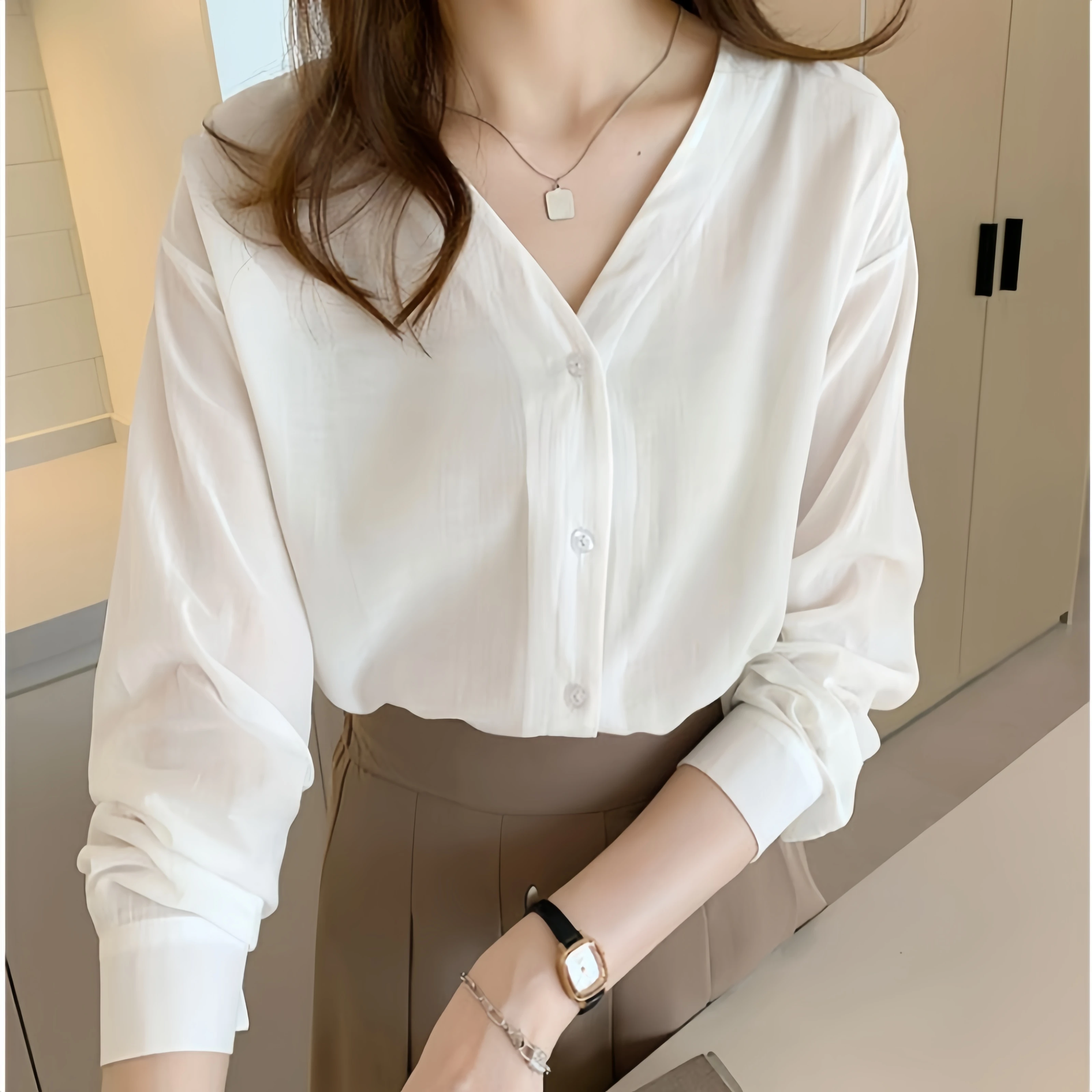 2024 Spring Summer Women\'s Vintage Simple Style V-neck Long Sleeve White Button Shirt Fashion Office Lady Tops Casual Blouses