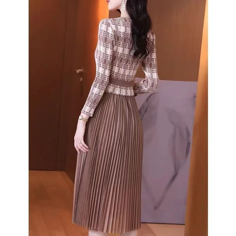 Kobiety Luksusowa Szykowna Plisowana Sukienka Bodycon Jesień Wiosna Patchwork Kwiatowe Długie Sukienki Taniec Party Sukienki Biuro Lady Sukienka Nowy