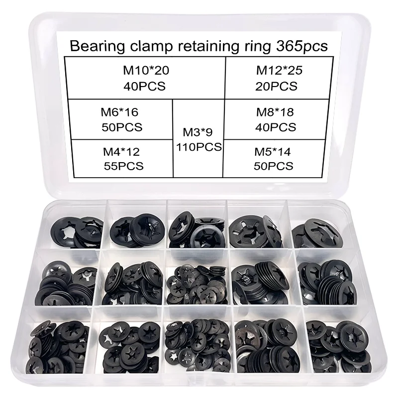365-Piece Internal Tooth Star Lock Washer, M3/M4/M5/M6/M8/M10/M12 Quick Lock Washer Combination Kit, Push-In Lock Washers