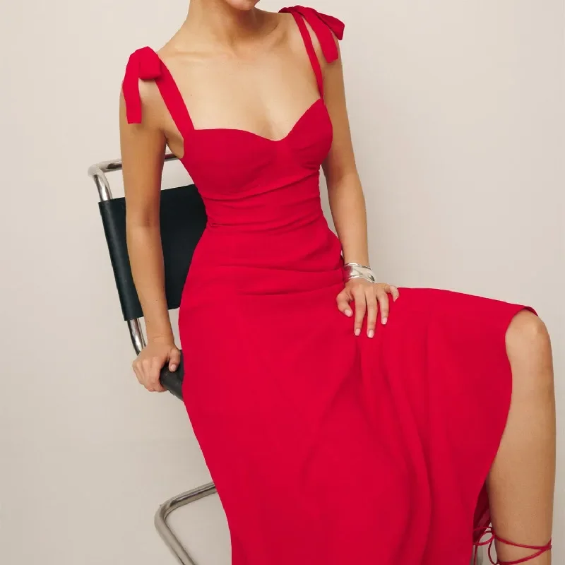 2024 Summer French Solid Red Women Dress Bodycon Tie Bow Strap Sleeveless Dress Sexy Beach Women Party Dress Vintage Female