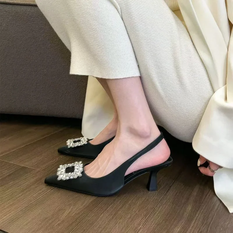 

2025 Women's Shoes Slingbacks Women's High Heels Slip on Dress Pumps Women Crystal Square Button Pointed Toe Thin Heel Sandals