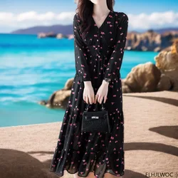 Chic Korean Clothes Design Holiday Date Girls Shirt Dress Women Elegant Elegant Lady Floral Print Retro Vintage Long Maxi Dress