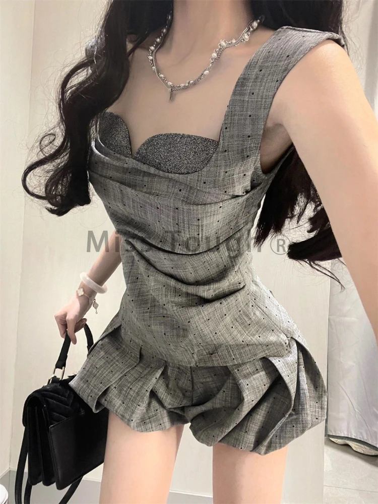 Grey Vintage Elegant 2 Piece Sets Women Patchwork Y2k Sexy High Street Mini Skirt Suits Female Summer Casual Tops+ Chic Skirt