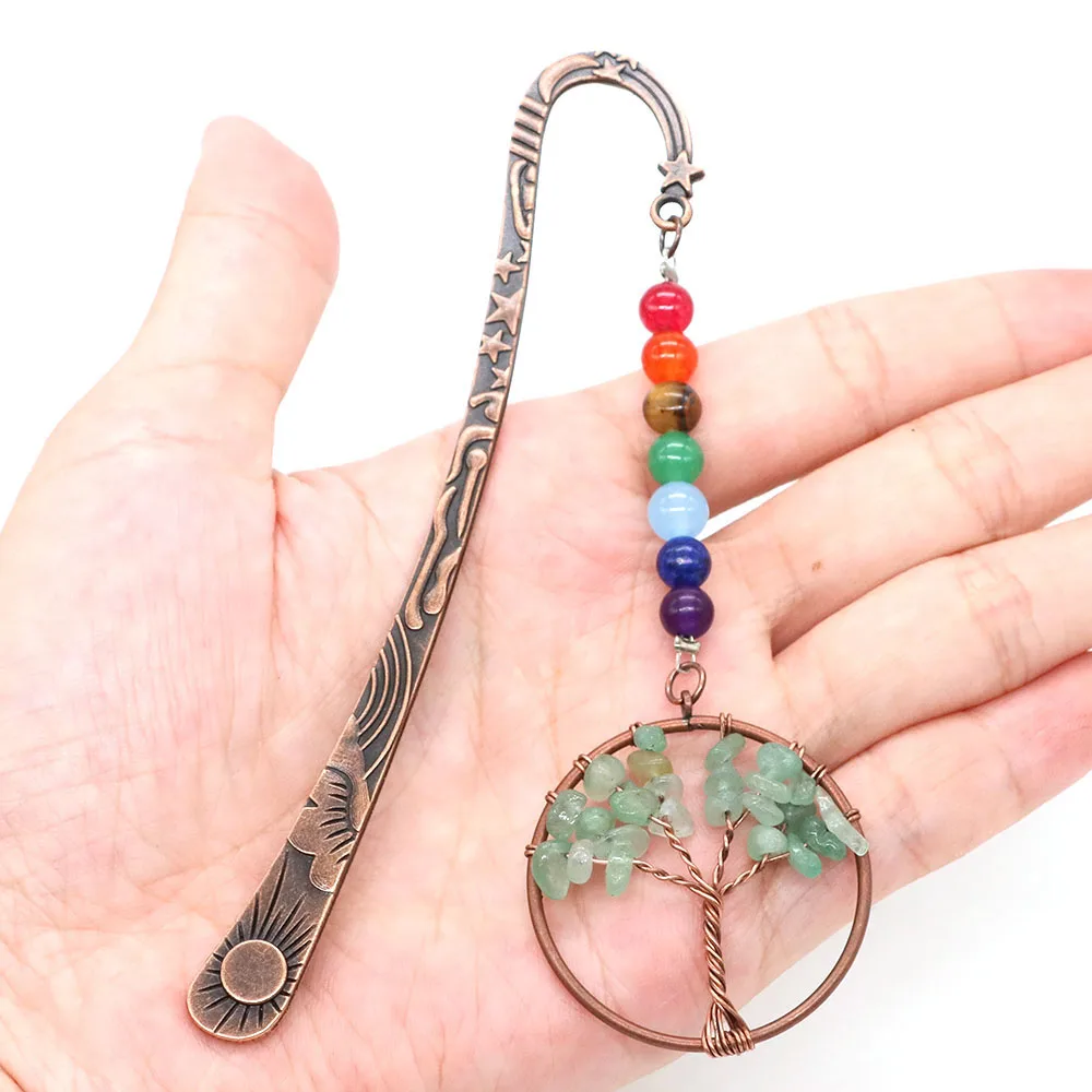 7 Chakra Vintage Metal Bookmark Natural Stone Heling Crystal Tree of Life Book Mark Craft for Student Teacher Christmas Gifts