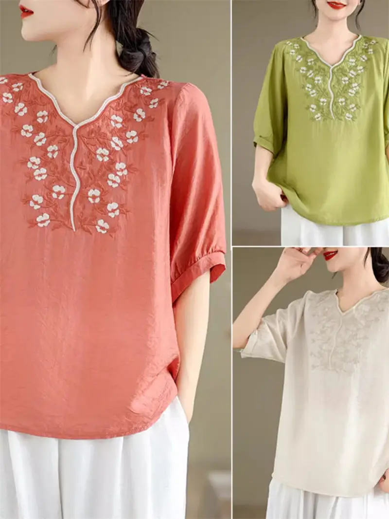 2024 Embroidered V-Neck Lantern Sleeve Shirt Vintage Art Cotton And Linen Comfortable Thin Women's Temperament Top Blusa k1278