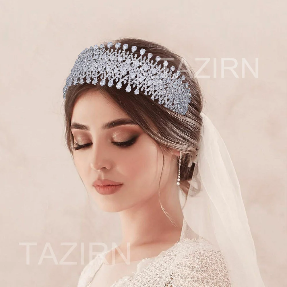 TAZIRN 5A Cubic Zirconia Bridal Wedding Big Headband Women Luxury Sparkling Handmade CZ Hairband Jewelry Head Accessories Gifts