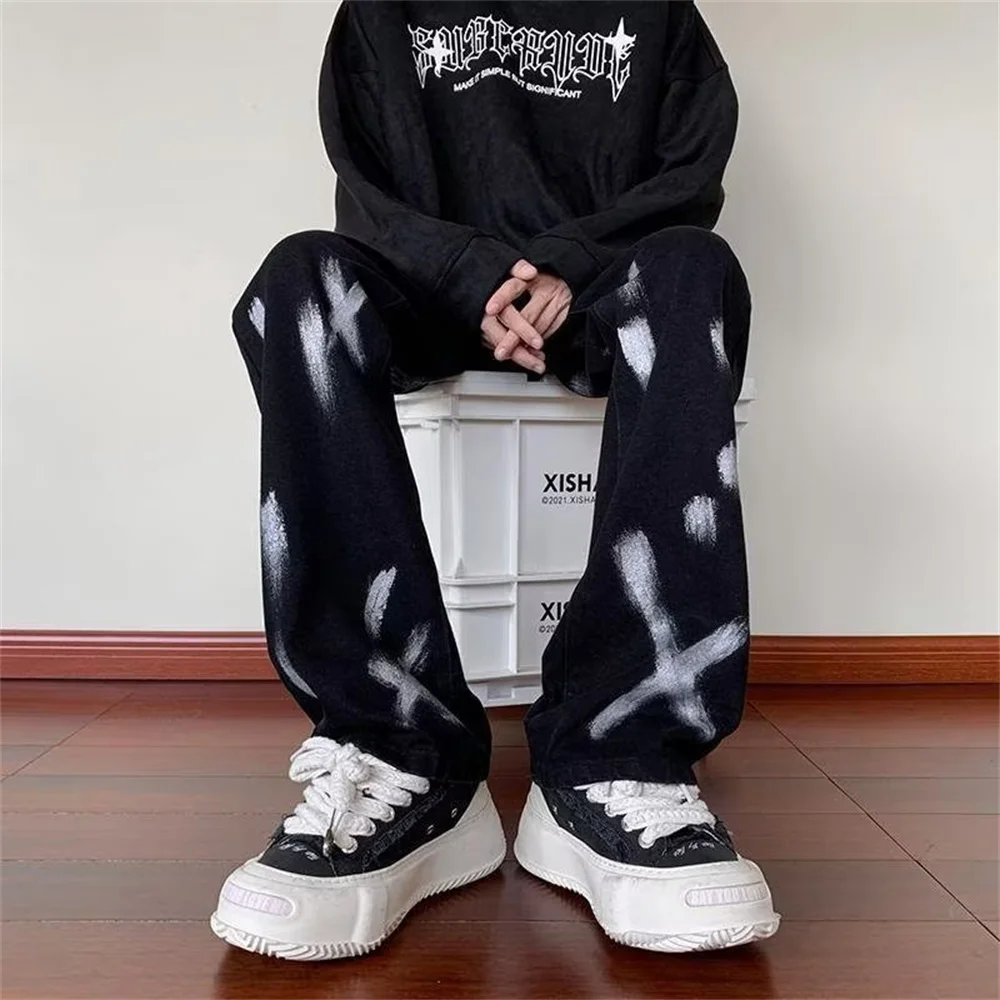 Younth Fashion Men Jeans 2022 Autumn and Winter Print Jacquard Jeans Men Mid Loose Straight Wide Leg Pants Men Clothing