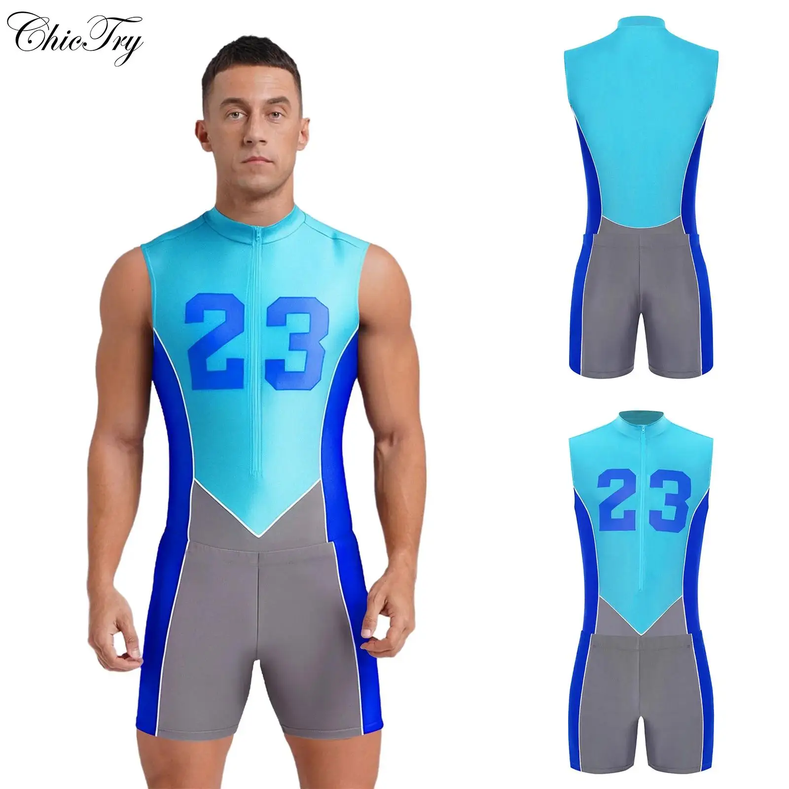 

Mens Color Block Sports Outfit Sleeveless Number Printed Swim Leotard with Shorts for Cycling Swimming Running Workout Exercise