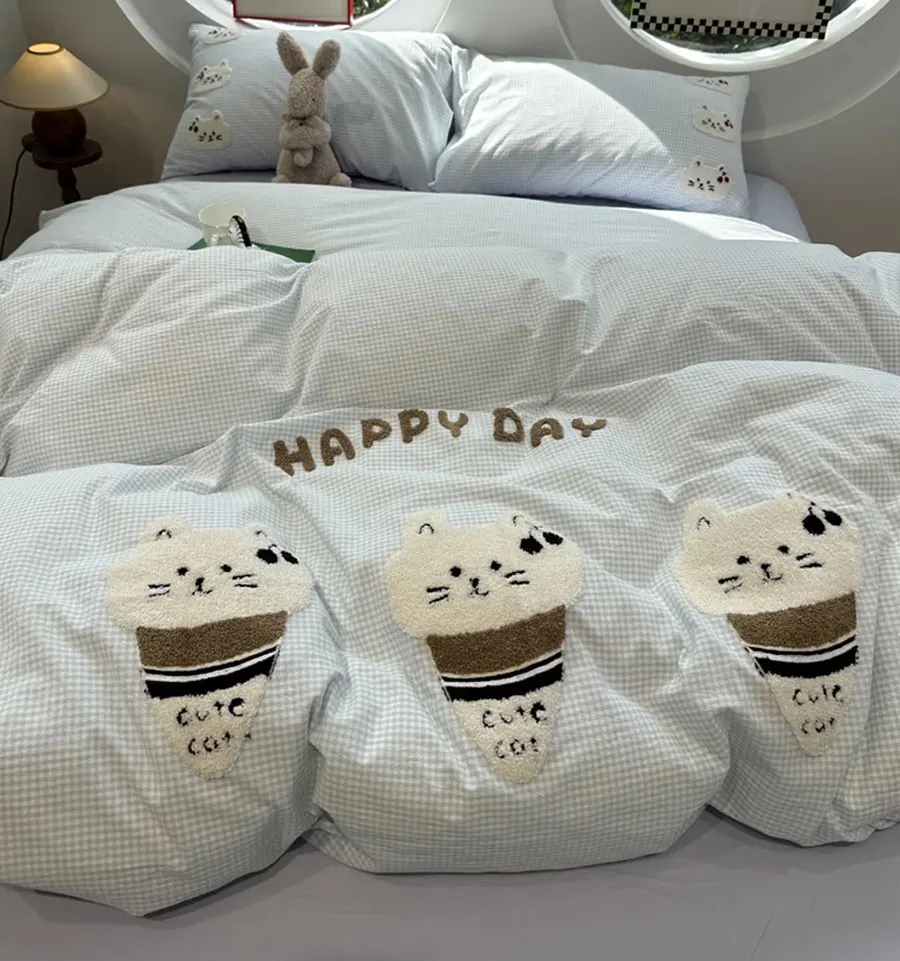 

Cute embroidery cat cone pink yellow blue bedding set,twin full queen king cotton home textile bed sheet pillow case quilt cover