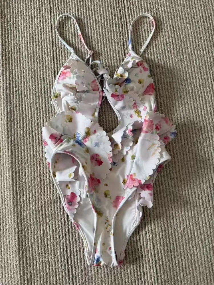 

Lace-up Women Bodysuit Swim Wear Beach Style Hot 2025 New Stretchable Overall Self Tie Back Floral Print Sleeveless