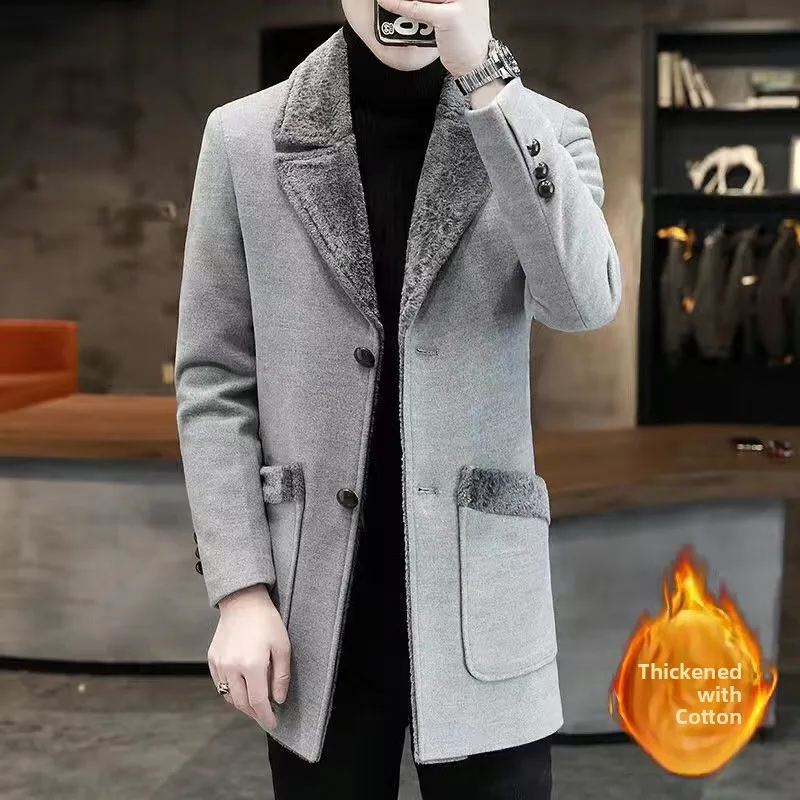 

Thickened Woolen Coat for Men with Shawl Collar Inner Fleece Medium Length Fashionable City Style Standard Fit Autumn Winter ...