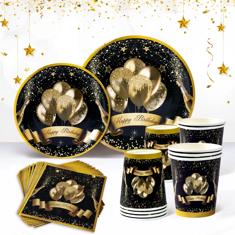 Black Gold Happy Birthday Disposable Tableware Paper Plates Cups Napkins Tablecloth Kids Adults Happy Birthday Party Decoration