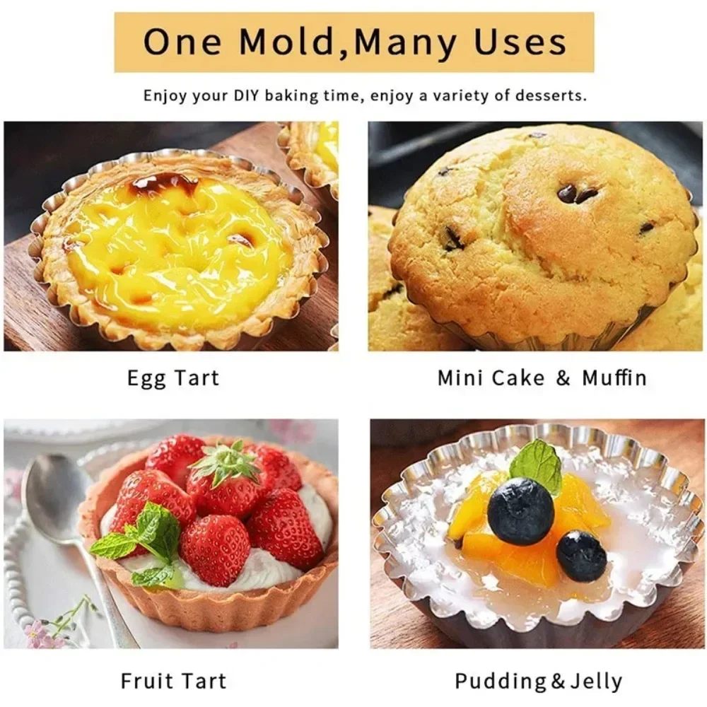 10 Pcs Reusable Stainless Steel Egg Tart Mold Stainless Steel Cupcake Egg Cookie Pudding Mold Astry Tools Baking Accessories