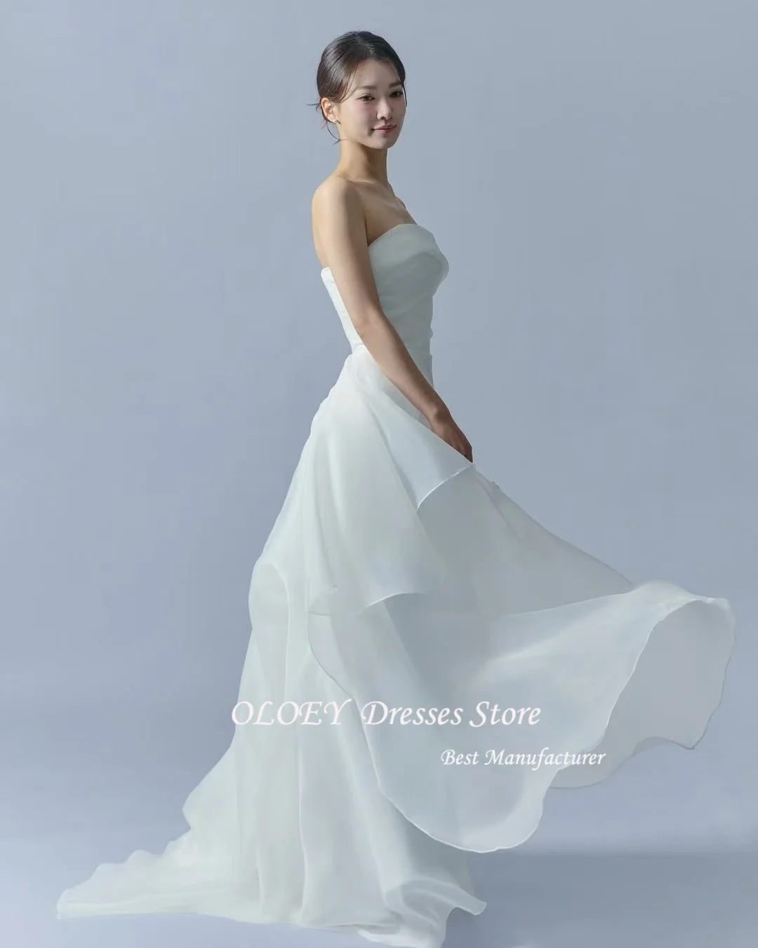OLOEY Ivory One Shoulder Korea Organza 웨딩드레스 Wedding Dresses 웨딩드레스 Short Sleeves Customized Pretty Bride Gowns