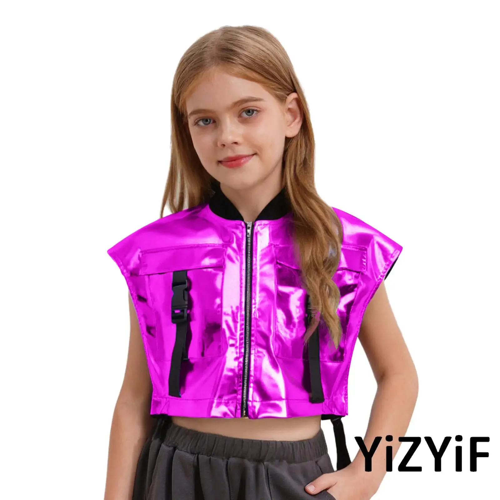 

Kids Girls Street Hip-hop Dance Performance Costume Sleeveless Metallic Vest with High Waist Shiny Shorts Elegant Jazz Dancewear