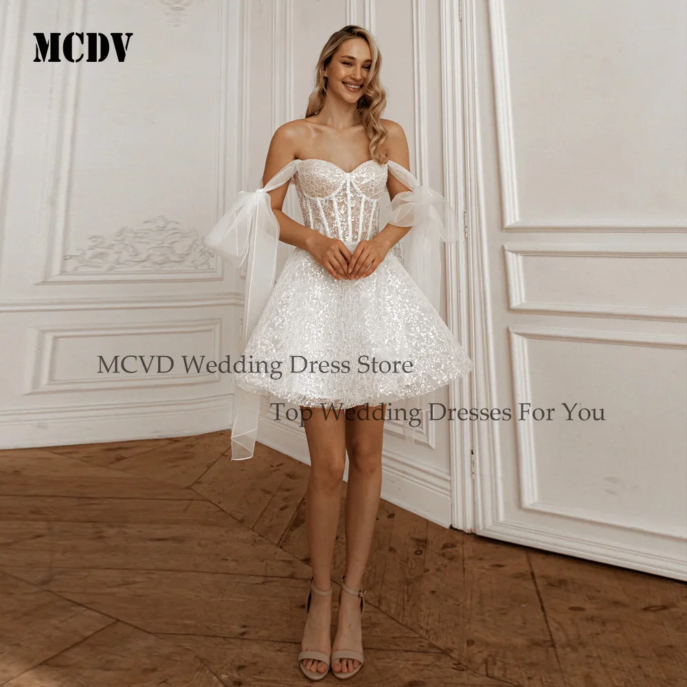 

MCDV Mini Sequined Luxury Wedding Dresses 2026 Sweetheart Spaghetti Straps A-Line Corset Above Knee Short Bride Gowns Customized