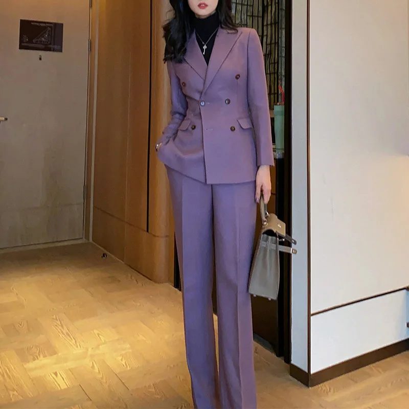 Ensemble tailleur pantalon violet Allingentle pour femme, 2 pièces, blazer croisé et pantalon, coupe ajustée, personnalisable