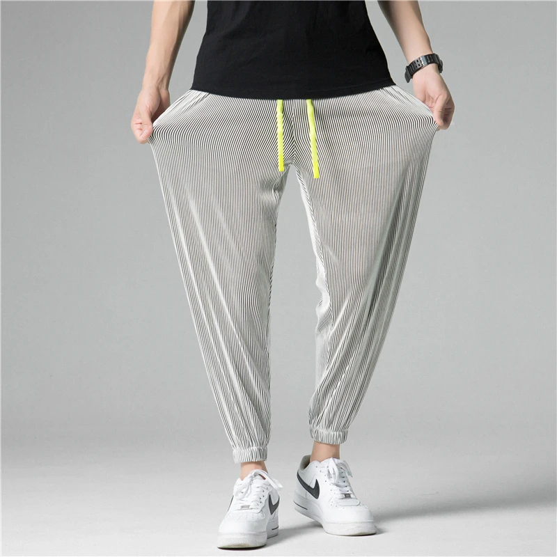 Trendy Ice Silk Loose Wide Leg Pants Korean Sle Dstring Summer Casual Thin Men's Jeans Casual Loose Fit Harajuku Sle
