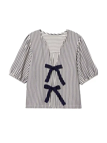 Imagen 1 del producto Blusa a rayas atada a la moda para mujer, cuello en V, manga corta abombada, Top elegante, camisa femenina, ropa de moda