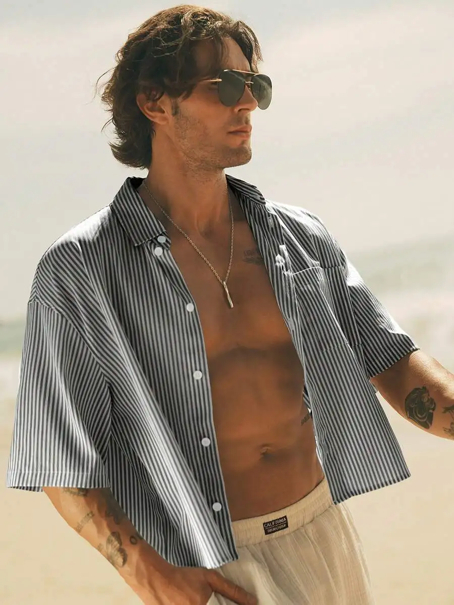 

Men's Striped Loose Short Sleeve Woven Shirt with Chest Pocket